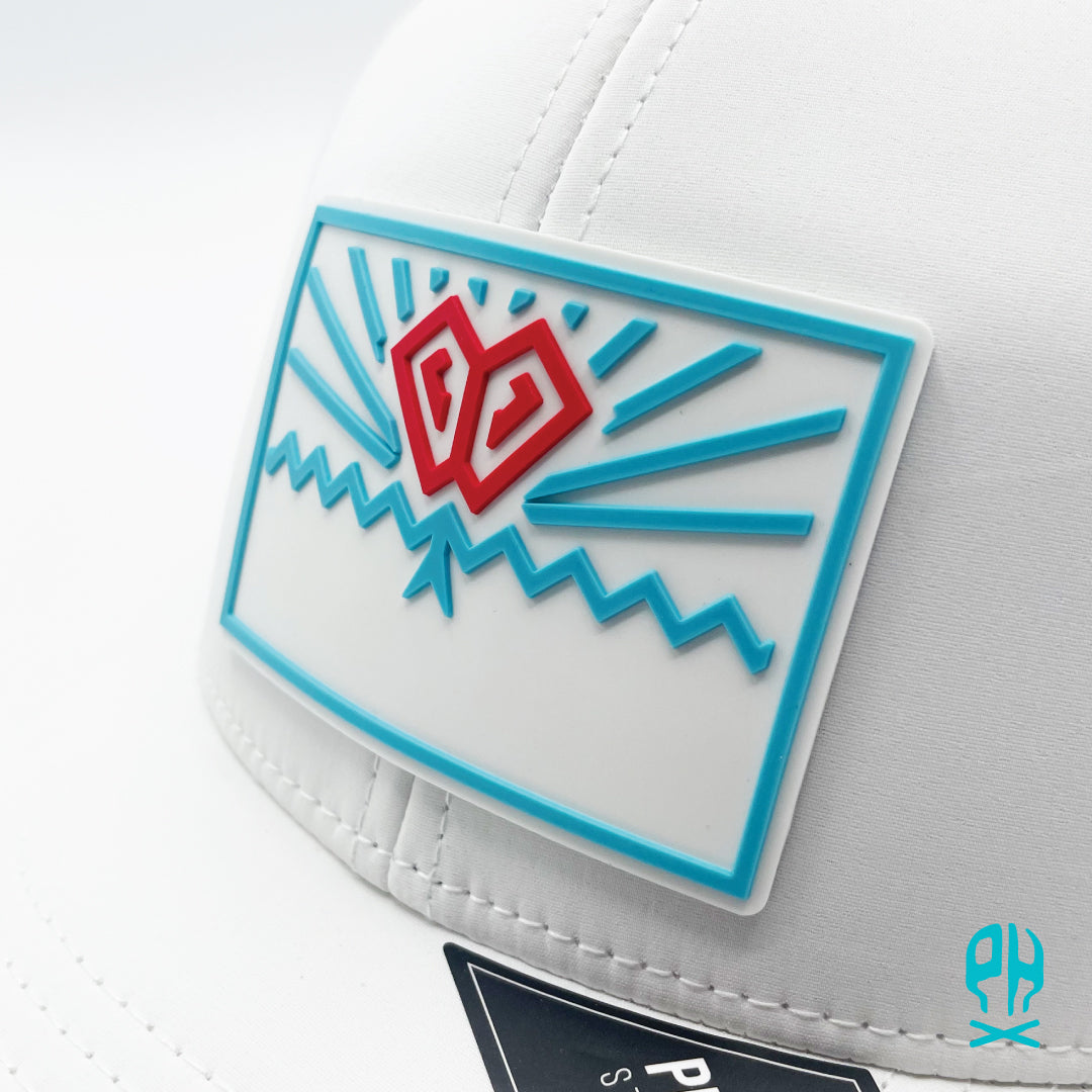 State of Baseball white, teal and red White Curved Performance hat