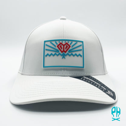 State of Baseball white, teal and red White Curved Performance hat