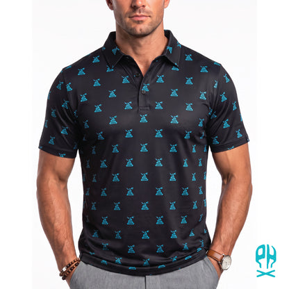 Male wearing black polo with turqouise Kachina Snake pattern.
