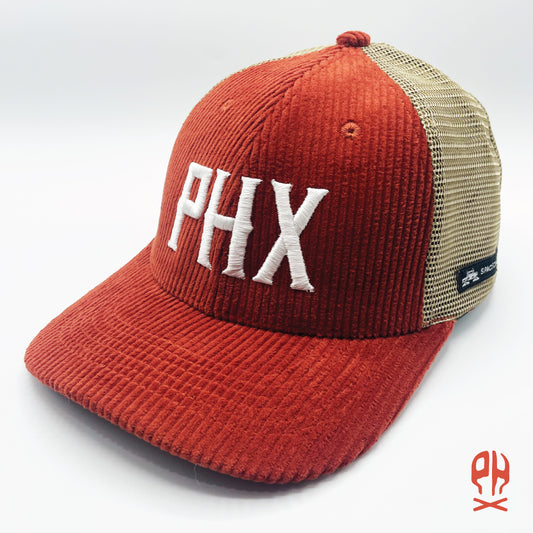 PHX Skull City rust corduroy trucker hat