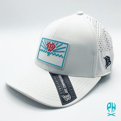 State of Baseball white, teal and red White Curved Performance hat