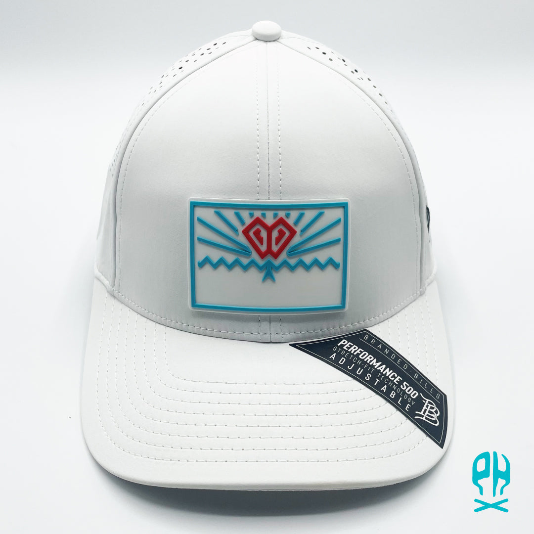 State of Baseball white, teal and red White Curved Performance hat